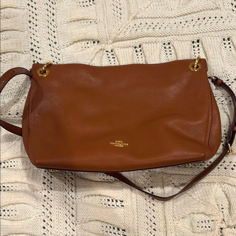 Coach Polished Pebble Tan Leather Shoulder Bag with Gold Hardware